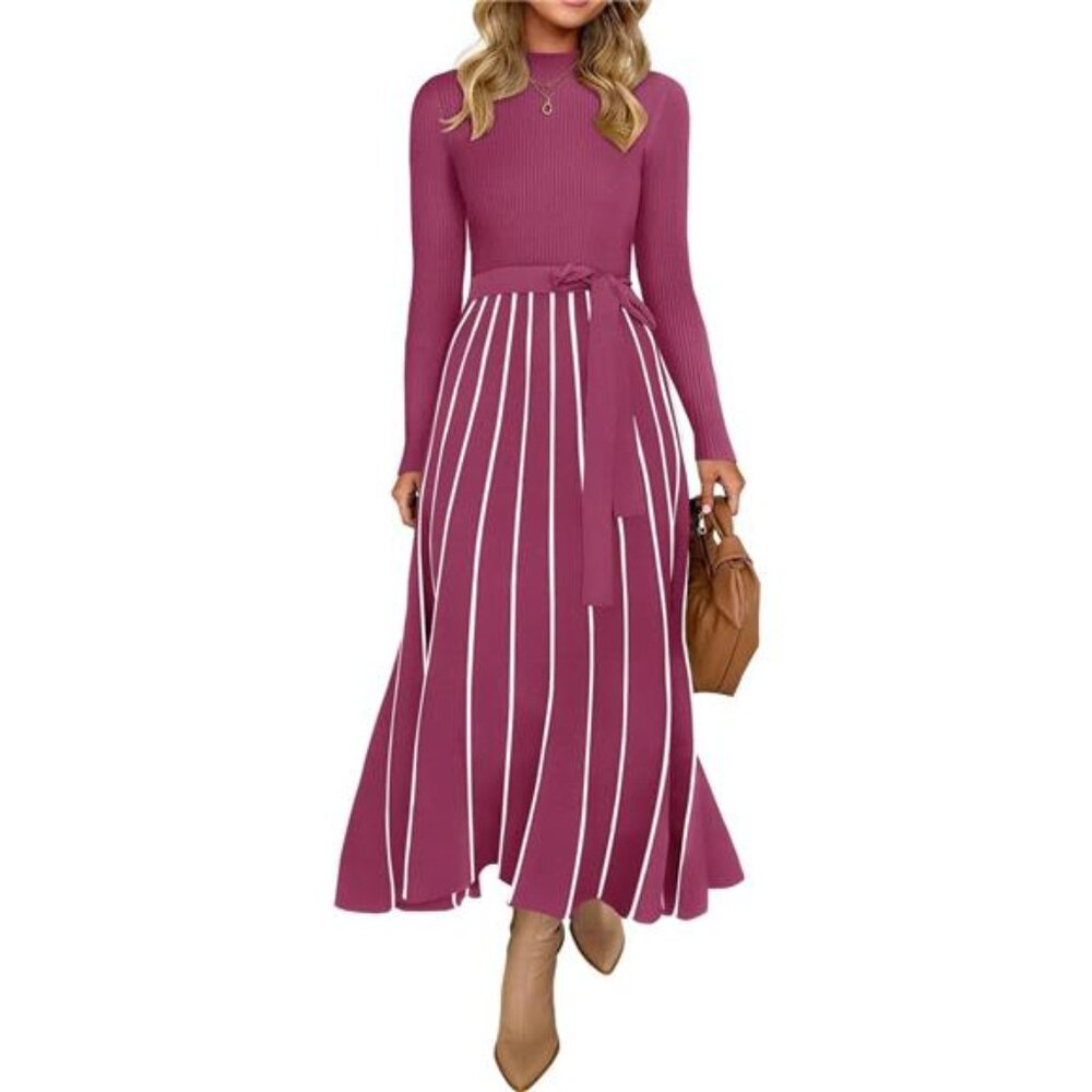 Women's Fall Turtleneck Long Sleeve Sweater Dress Tie Waist Midi Dress